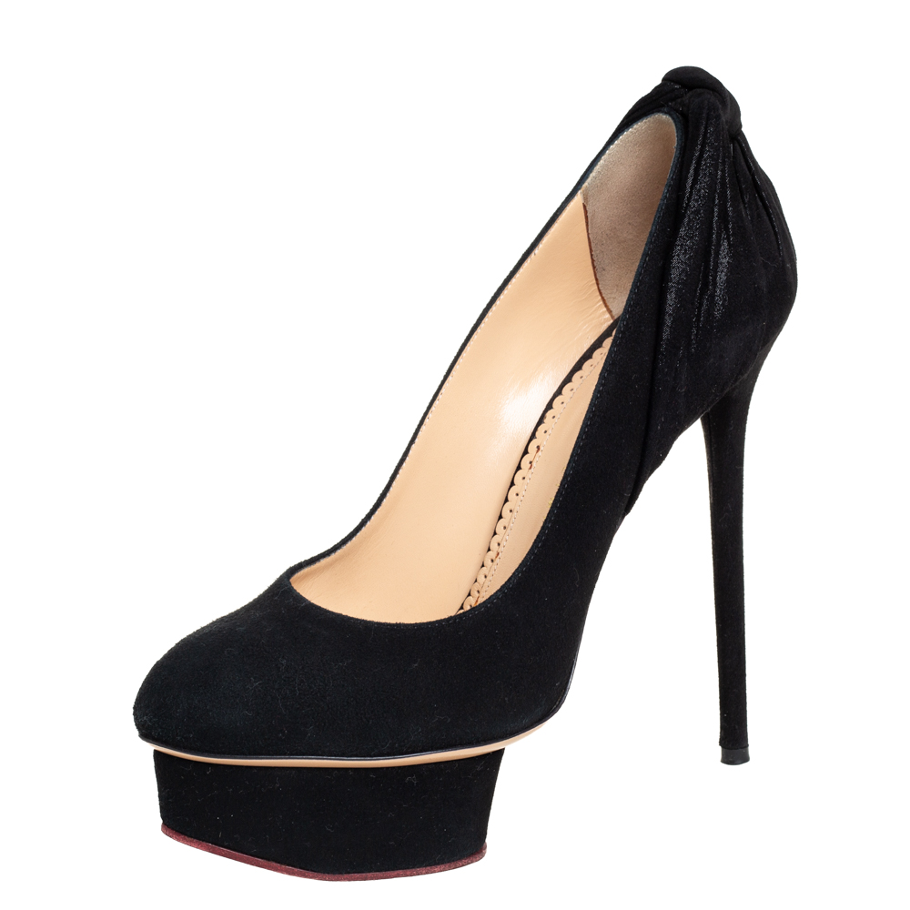 Pre-owned Charlotte Olympia Black Suede And Fabric Eccentric Josephine Knot Detail Platform Pumps Size 37