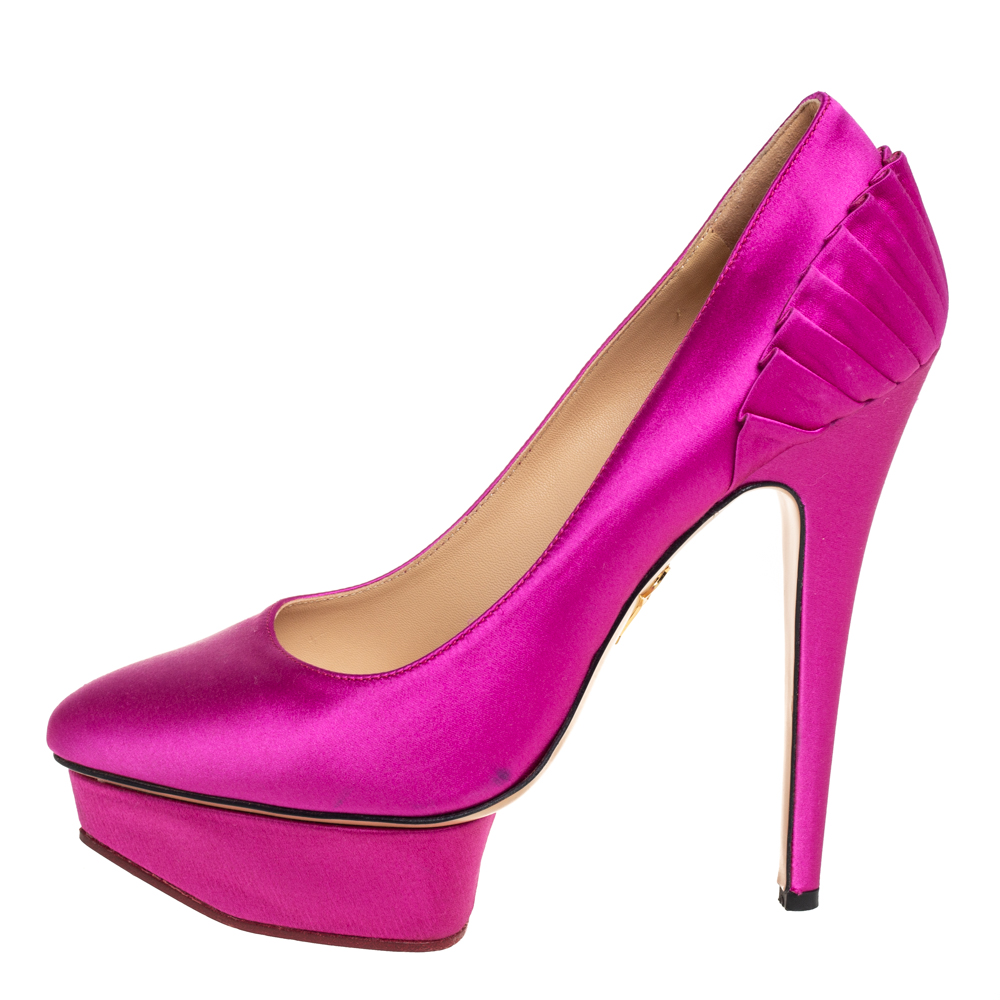 

Charlotte Olympia Pink Satin Paloma Fan Pleat Platform Pumps Size