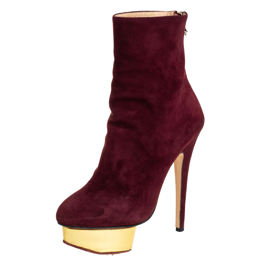 Pre-owned Charlotte Olympia Burgundy Suede Ankle Boots Size 36