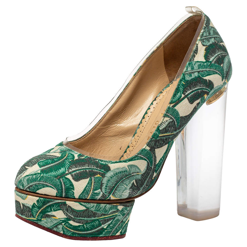 

Charlotte Olympia Green Leaves Printed Canvas And PVC Mabel Platform Pumps Size