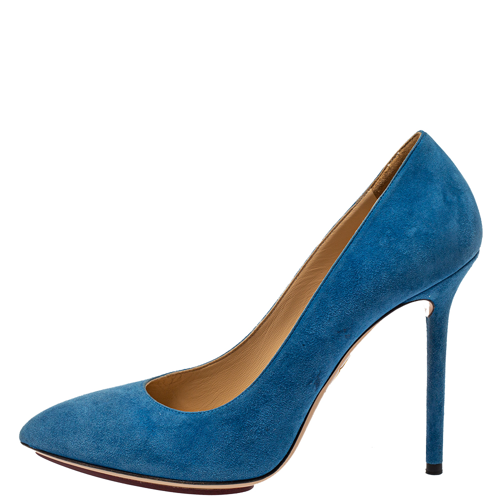 

Charlotte Olympia Blue Suede Monroe Pointed Toe Pumps Size