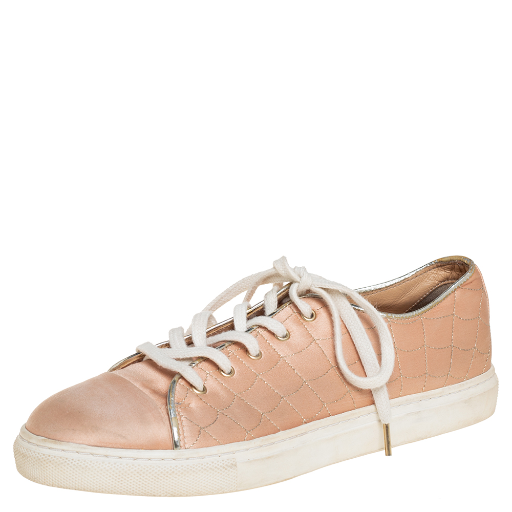 Pre-owned Charlotte Olympia Peach Satin Web Low Top Trainers Size 36.5 In Beige