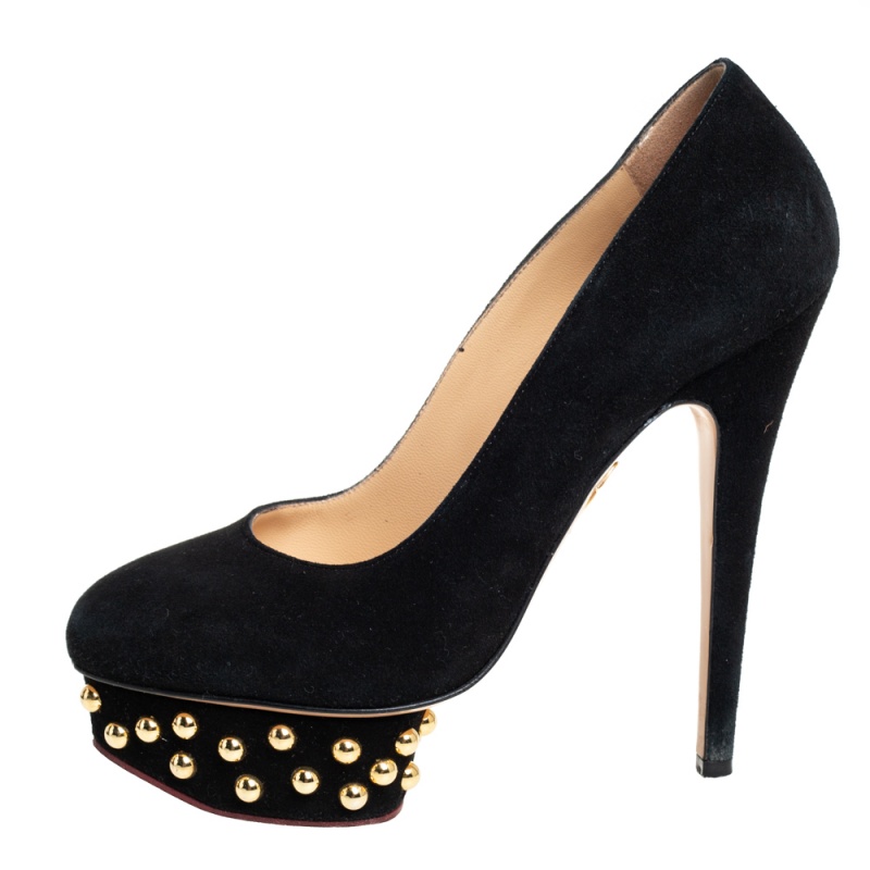 

Charlotte Olympia Black Suede Dolly Studded Platform Pumps Size