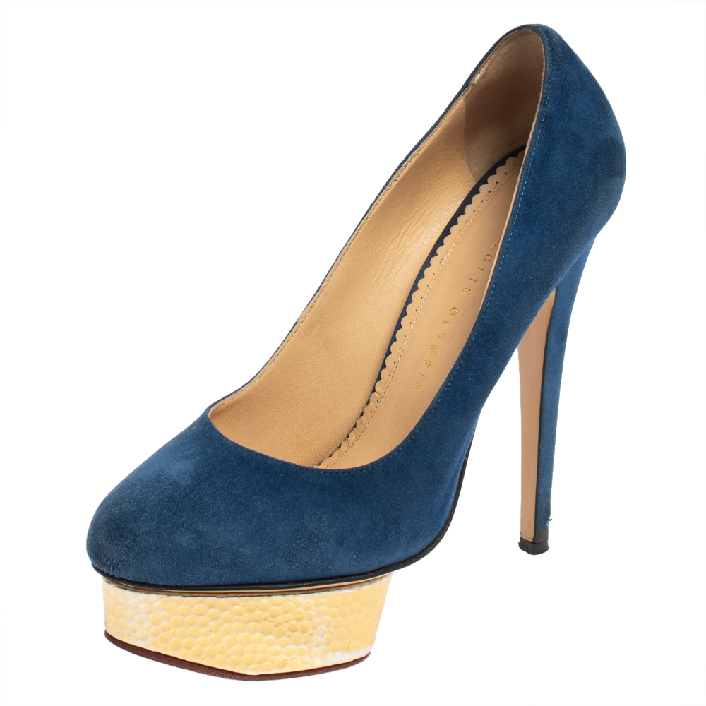 

Charlotte Olympia Blue Suede Dolly Platform Pumps Size