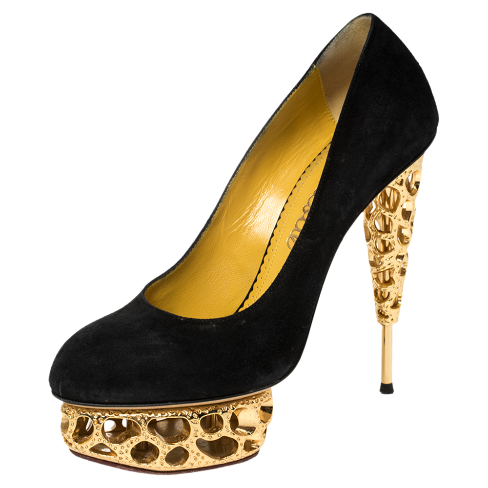 Pre-owned Charlotte Olympia Suede Gold Sculptured Heel Objets D'art Pumps Size 39 In Black