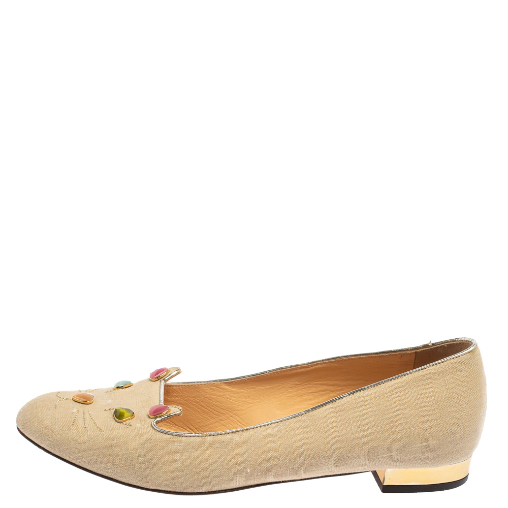 

Charlotte Olympia Beige Canvas Kitty Ballet Flats Size