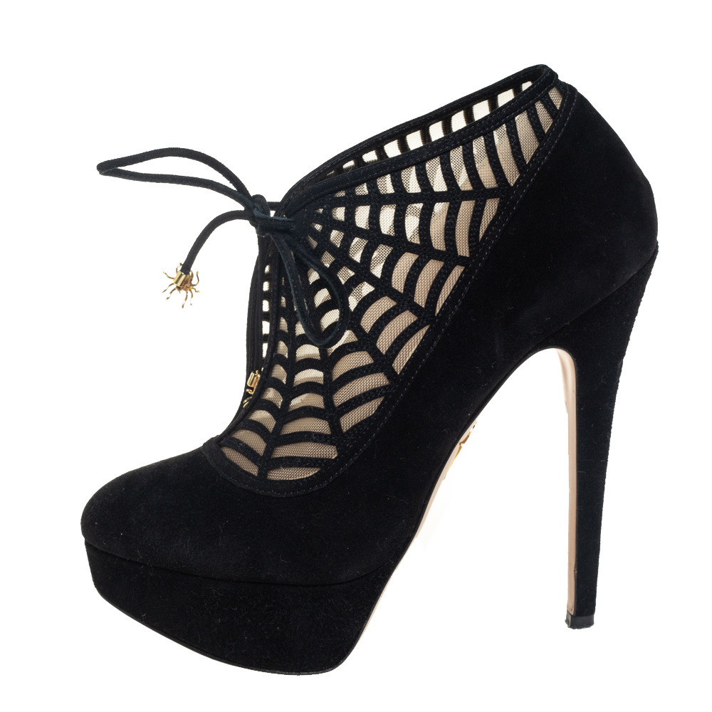 

Charlotte Olympia Black Suede And Mesh Minerva Web Ankle Boots Size