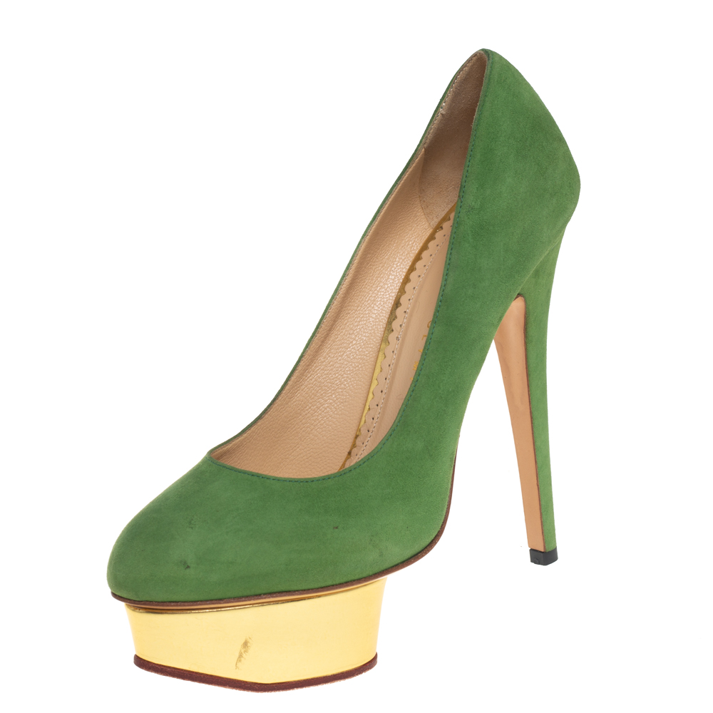 

Charlotte Olympia Green Suede Dolly Platform Pumps Size