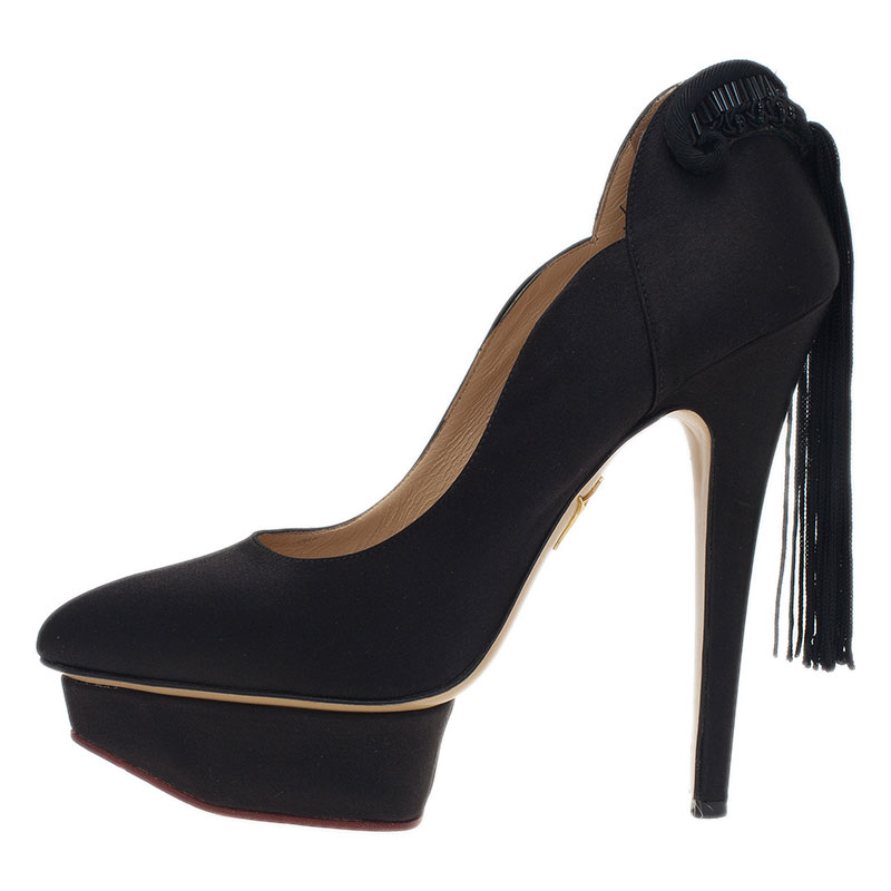 

Charlotte Olympia Black Satin Tassel Detail Starla Platform Pumps Size