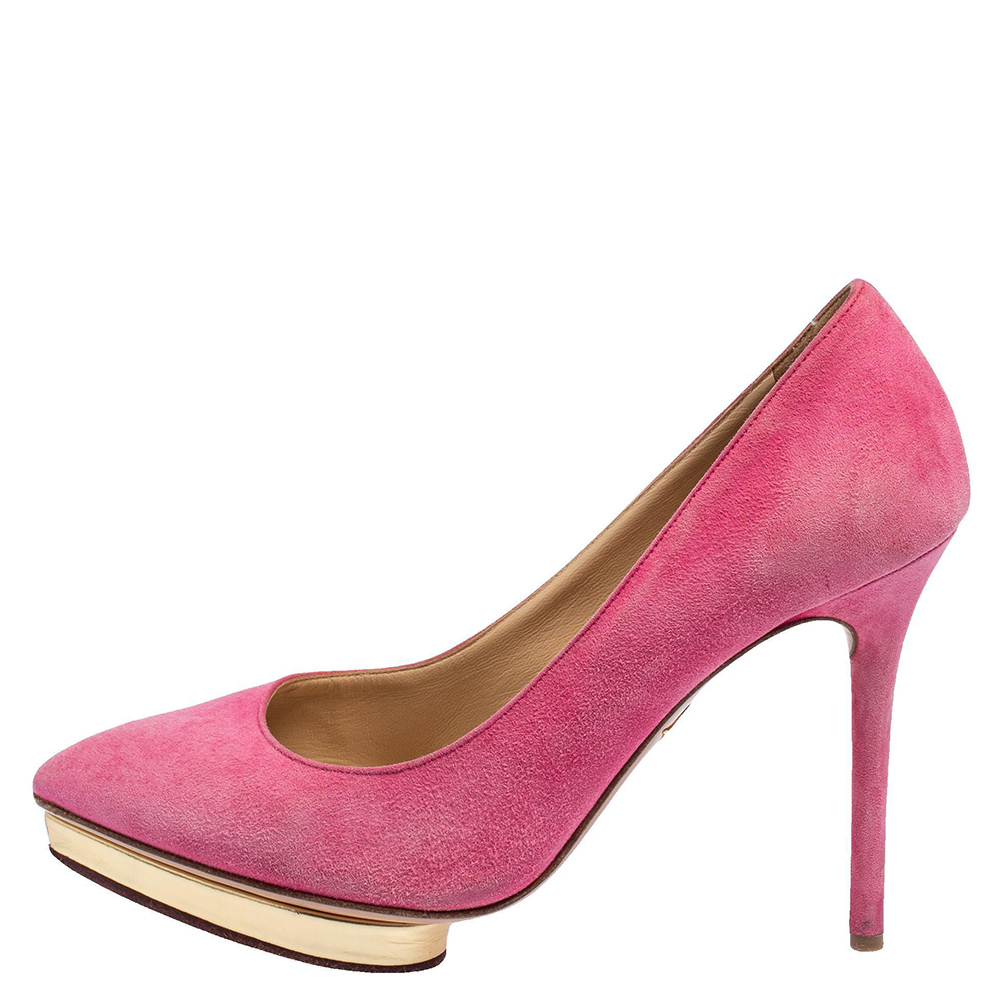

Charlotte Olympia Pink Suede Dotty Pumps Size