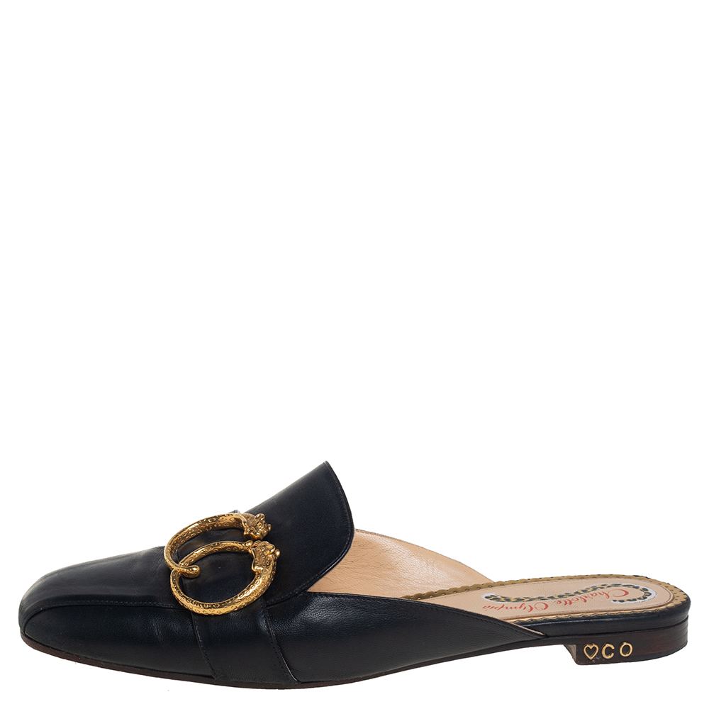 

Charlotte Olympia Black Leather Buckle Detail Mules Size