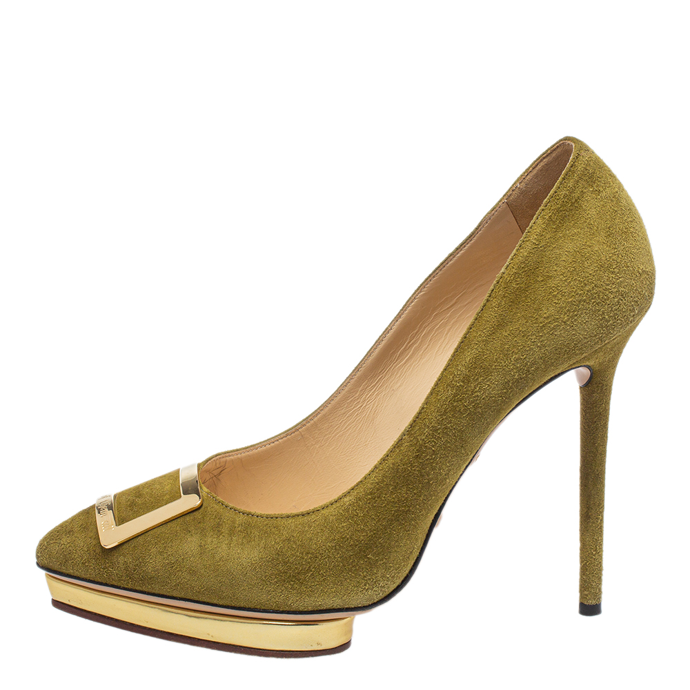 

Charlotte Olympia Olive Green Suede Embellished Pumps Size