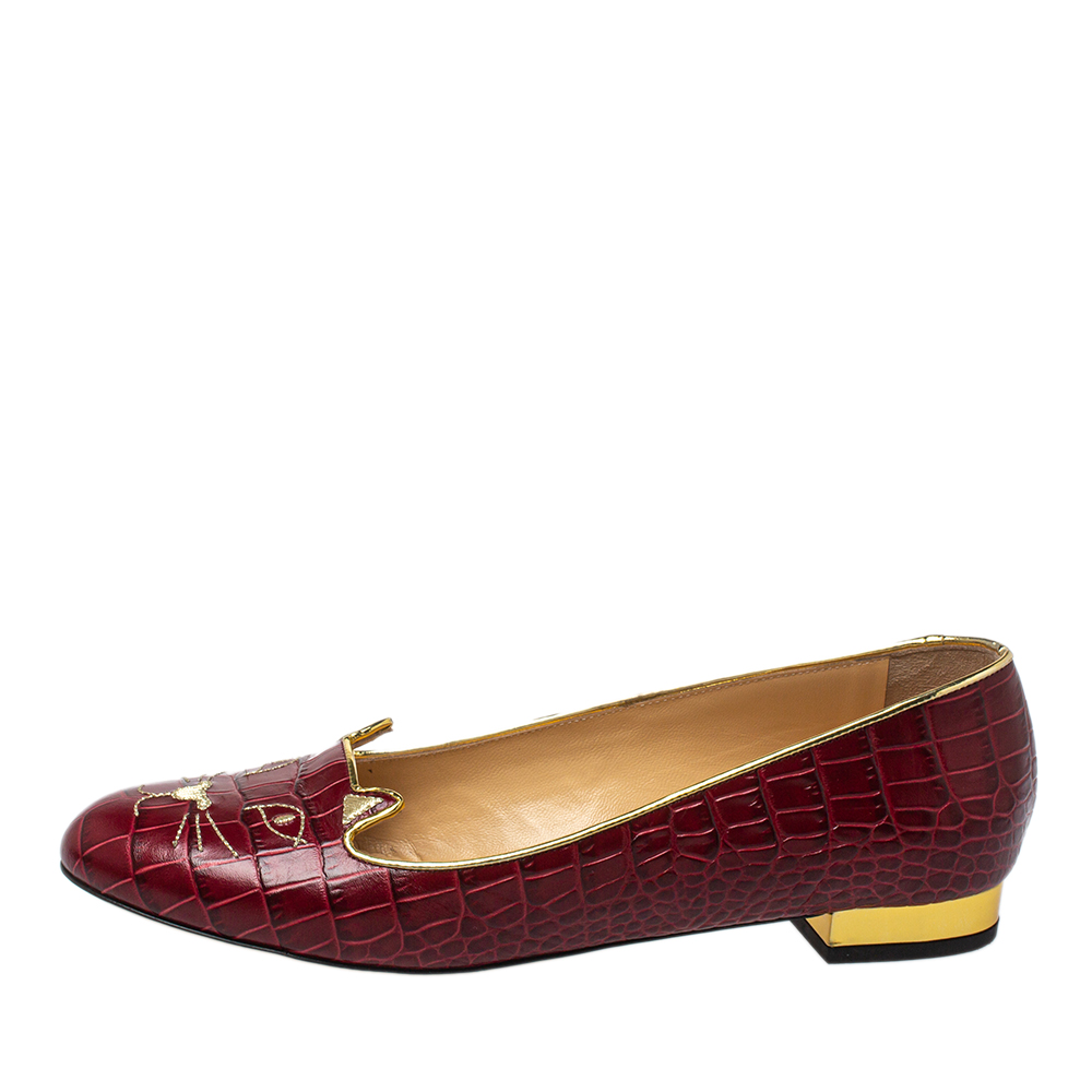 

Charlotte Olympia Burgundy Leather Kitty Flats Size