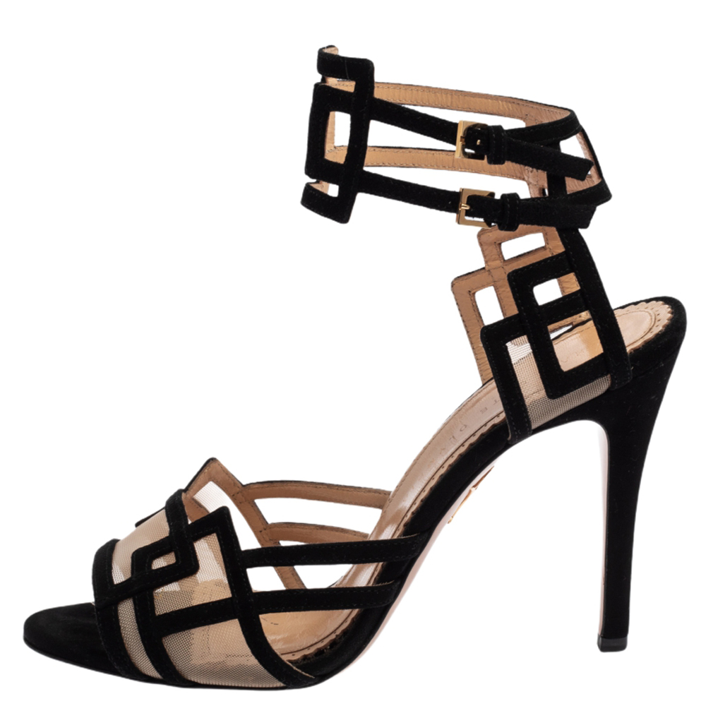 

Charlotte Olympia Black Suede and Mesh Between The Lines Ankle Strap Sandals Size