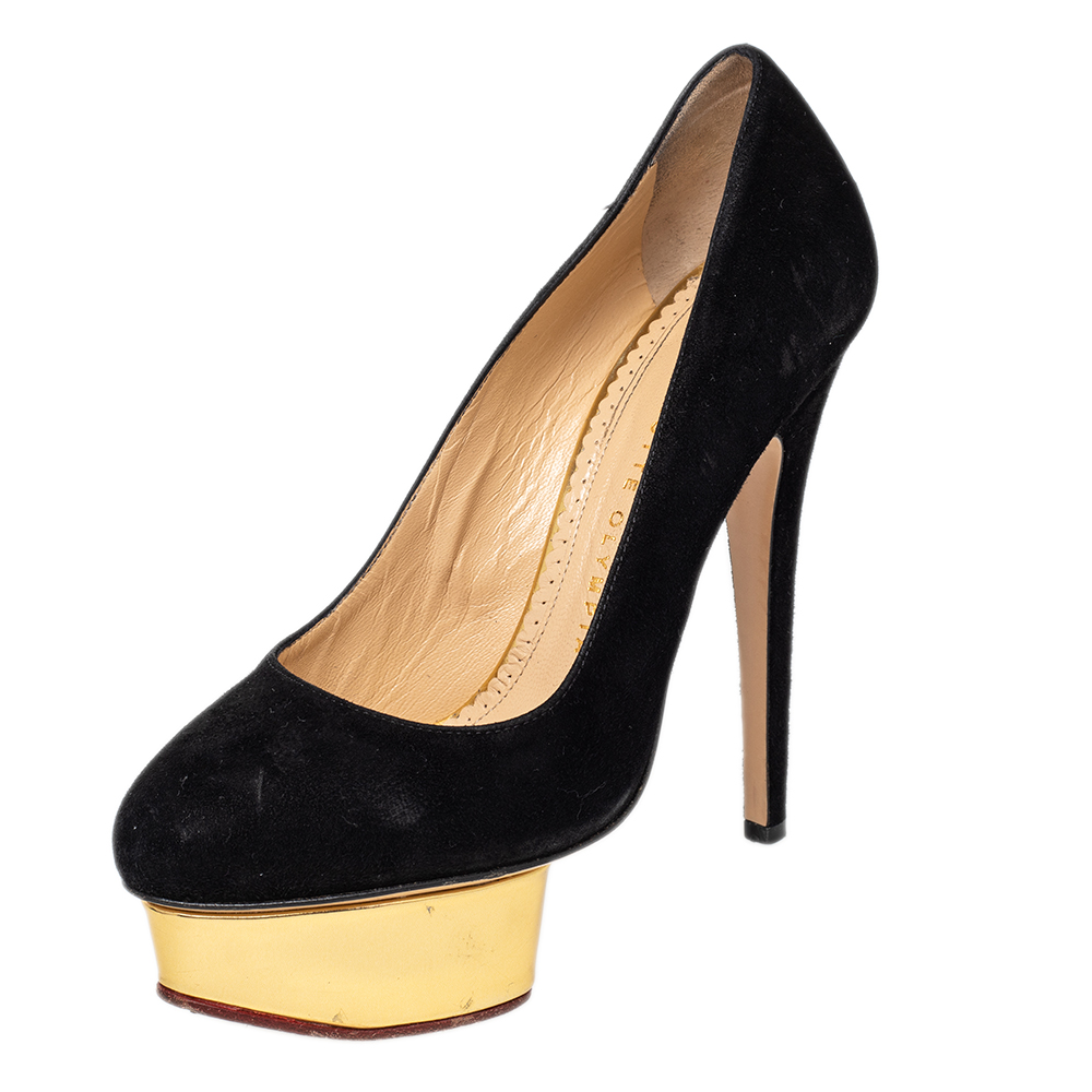 

Charlotte Olympia Black Suede Dolly Platform Pumps Size