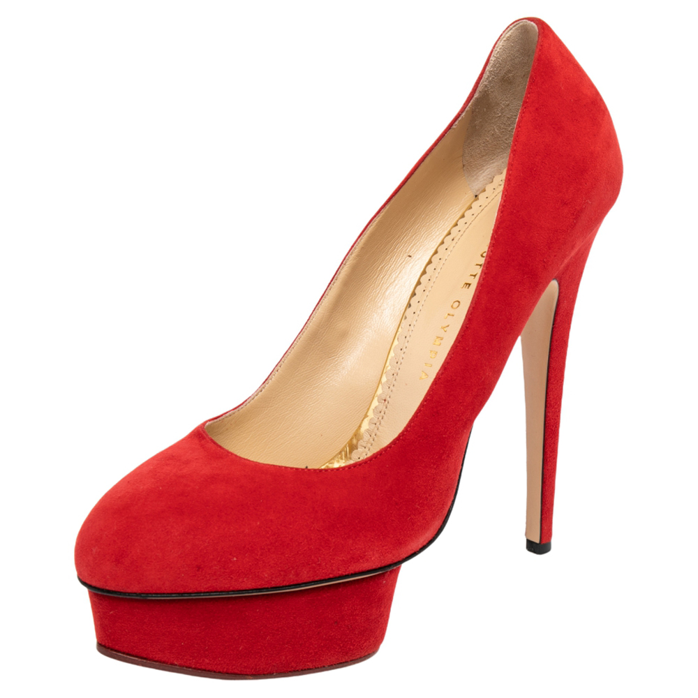 

Charlotte Olympia Red Suede Dolly Platform Pumps Size