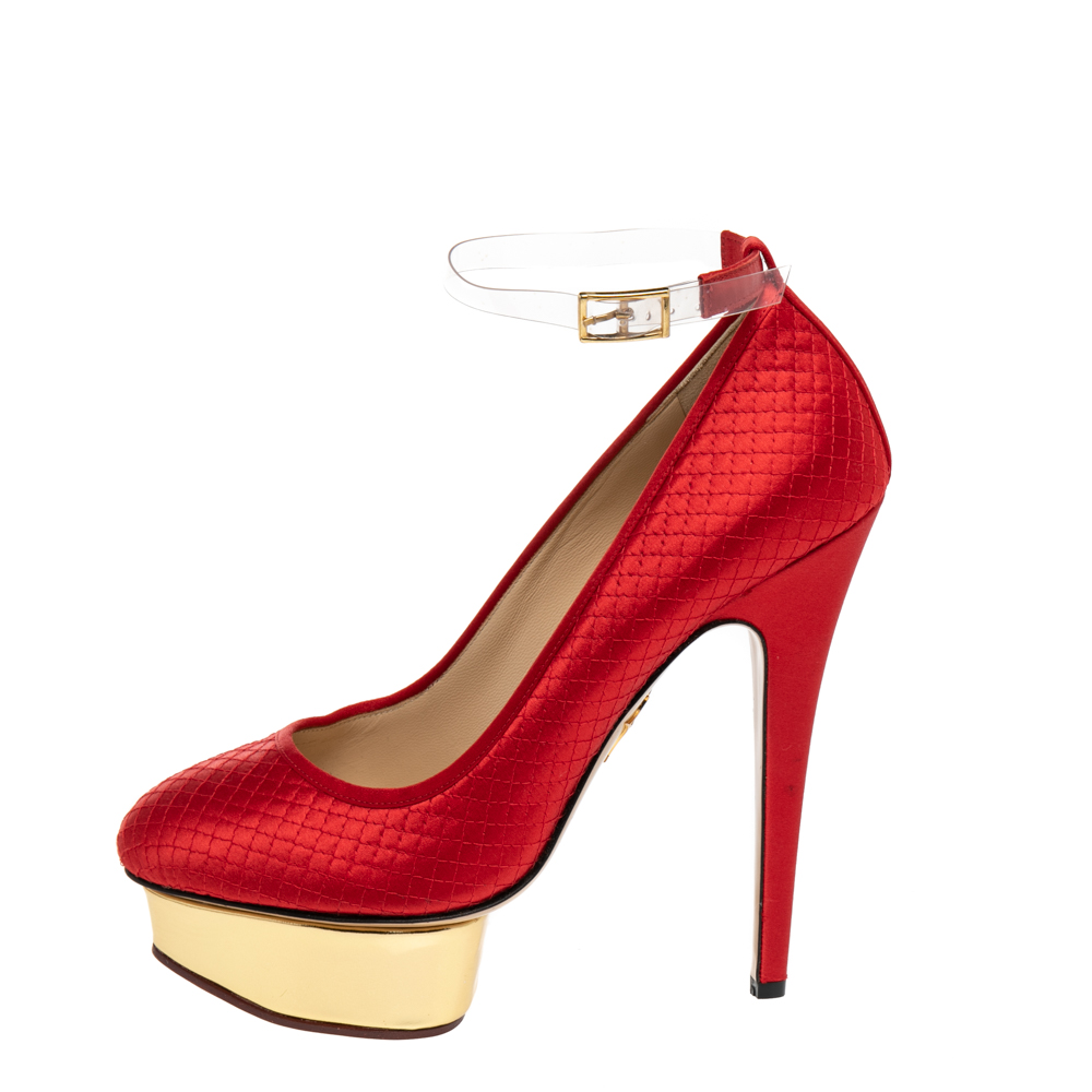 

Charlotte Olympia Red Quilted Satin Dolores Platform Ankle Strap Pumps Size