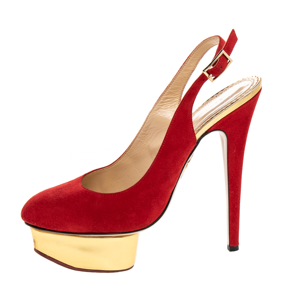 

Charlotte Olympia Red Suede Dolly Platform Slingback Sandals Size