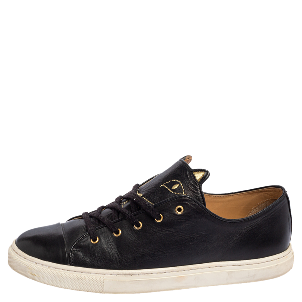 

Charlotte Olympia Black Leather Kitty Lace Up Sneakers Size