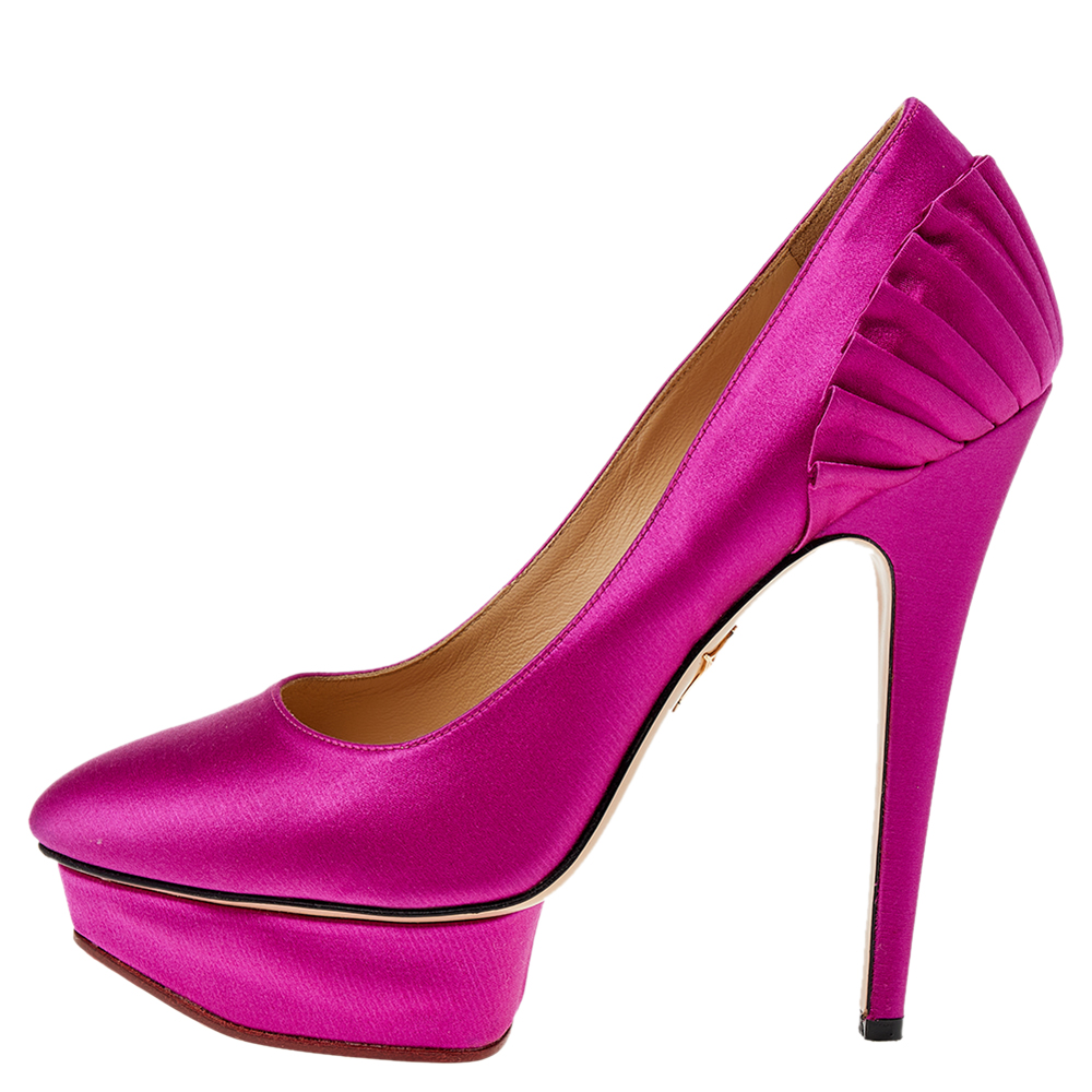 

Charlotte Olympia Pink Satin Paloma Platform Pumps Size