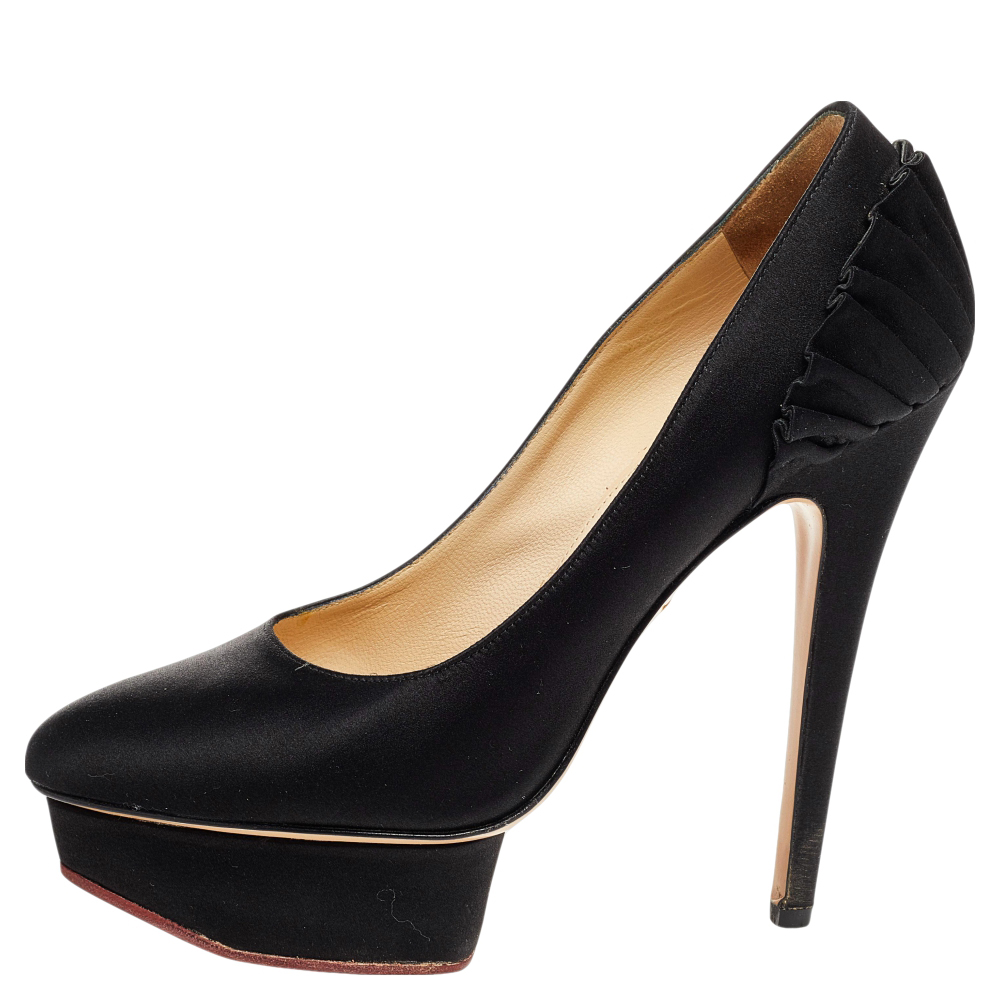 

Charlotte Olympia Black Satin Paloma Fan Pleat Platform Pumps