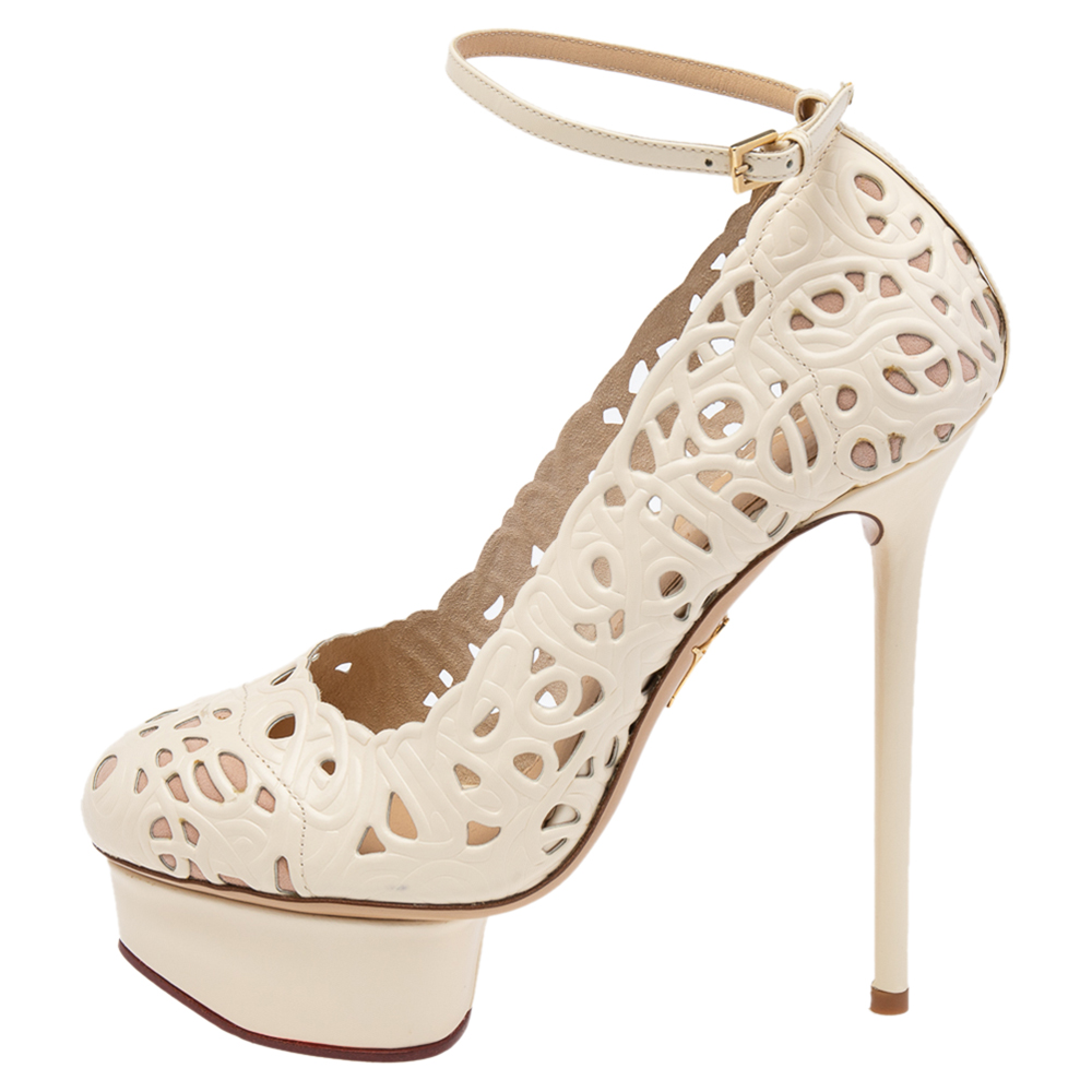 

Charlotte Olympia Cream Cut Out Leather Ankle Strap Platform Pumps Size