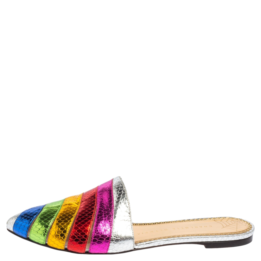 

Charlotte Olympia Multicolor Python Embossed Leather Mule Sandals Size