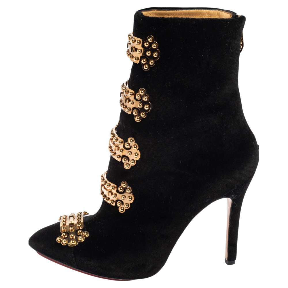 

Charlotte Olympia Black Velvet Studs Embroidery Ankle Boots Size