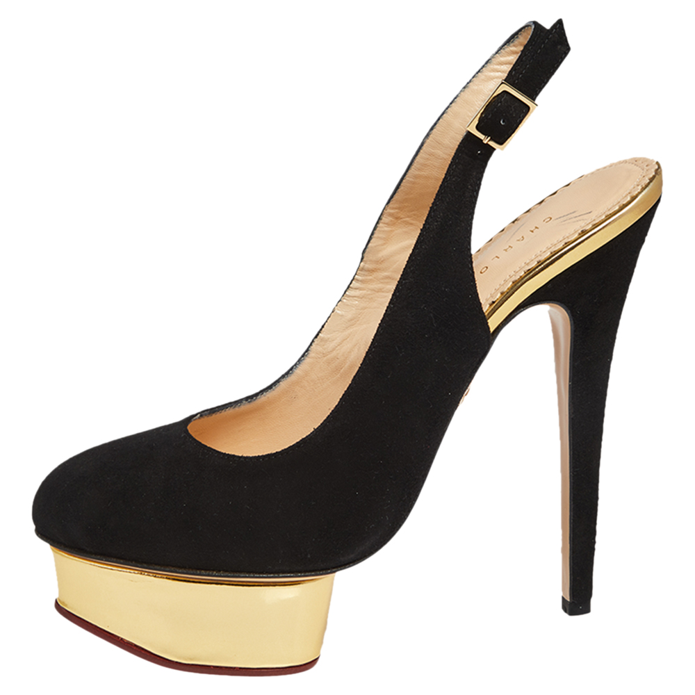 

Charlotte Olympia Black Suede Dolly Platform Slingback Sandals Size