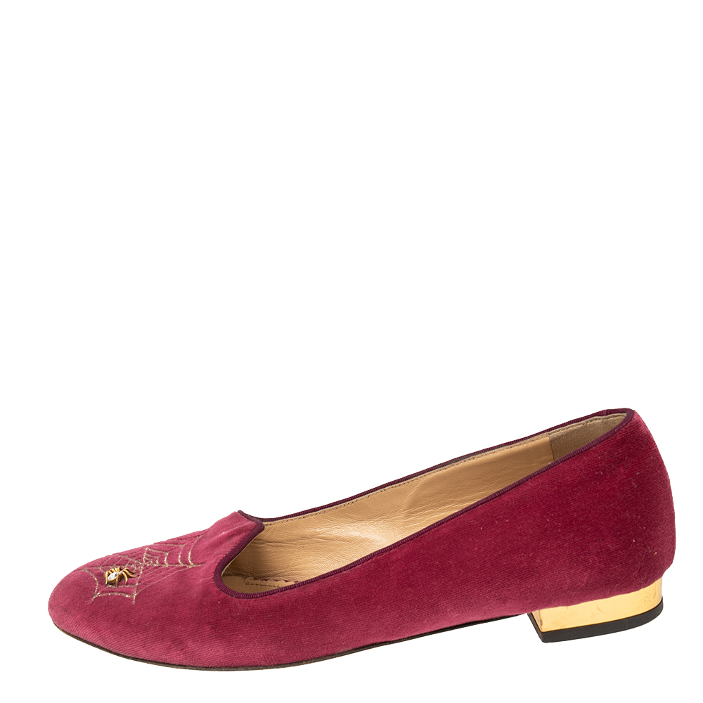 

Charlotte Olympia Pink Velvet Embroidered Accent Loafers Size