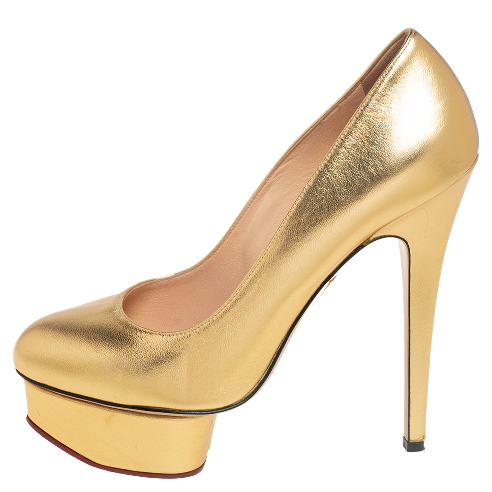 

Charlotte Olympia Gold Leather Dolly Platform Pump Size