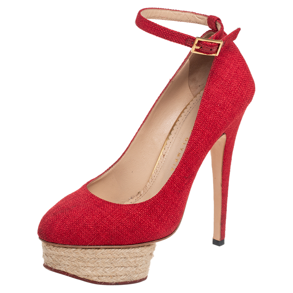 

Charlotte Olympia Red Canvas Dolly Platform Pumps Size