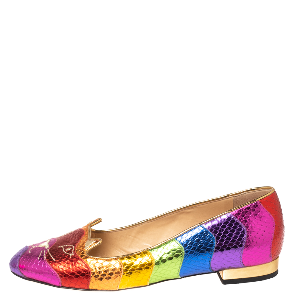 

Charlotte Olympia Metallic Multicolor Snake Print Leather Kitty Ballet Flats Size