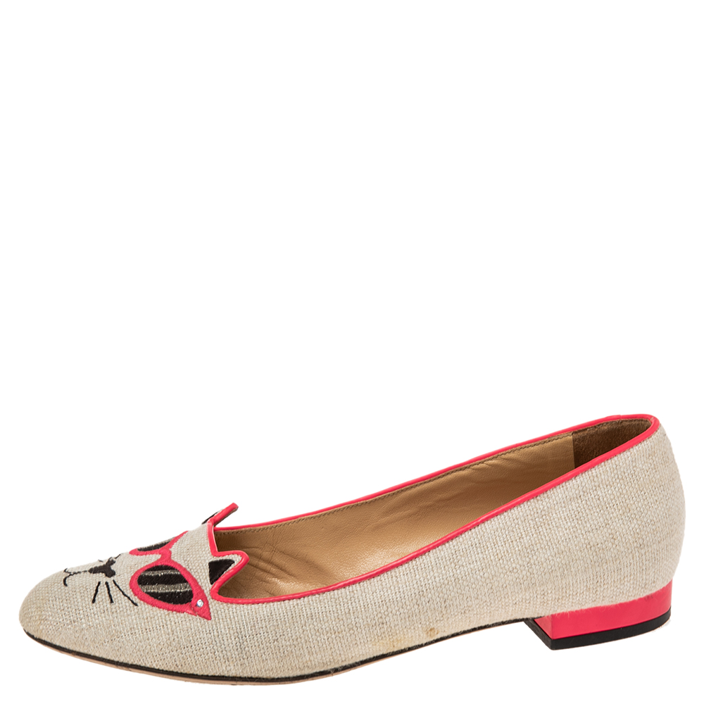 

Charlotte Olympia Beige Canvas Embroidered Kitty Ballet Flats Size
