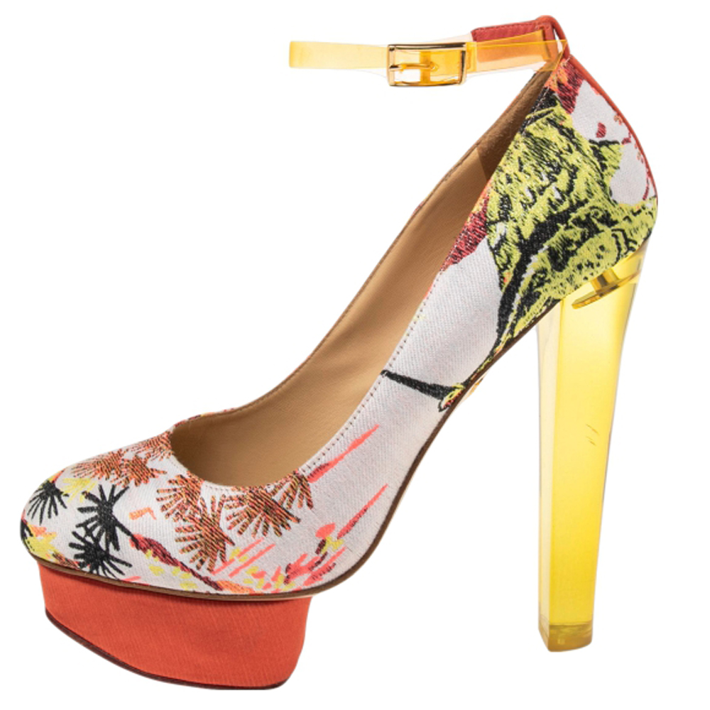 

Charlotte Olympia Multicolor Fabric Dolly Platform Ankle Strap Pump Size