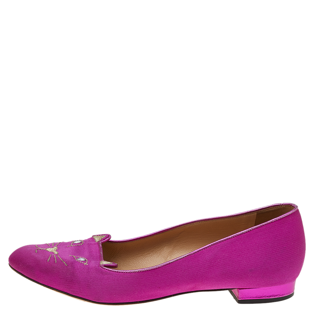 

Charlotte Olympia Pink Satin Kitty Embroidered Flats Size