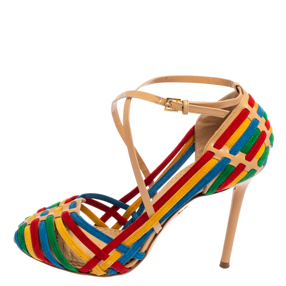 

Charlotte Olympia Multicolor Suede And Leather X Strap Retro Pumps Size