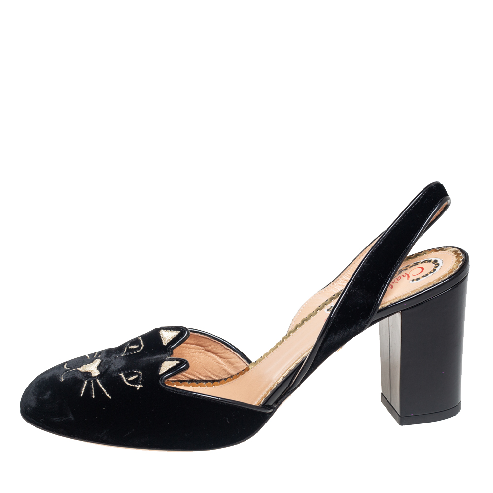 

Charlotte Olympia Black Velvet and Patent Leather Trim Cat Embroidered Slingback Sandals Size