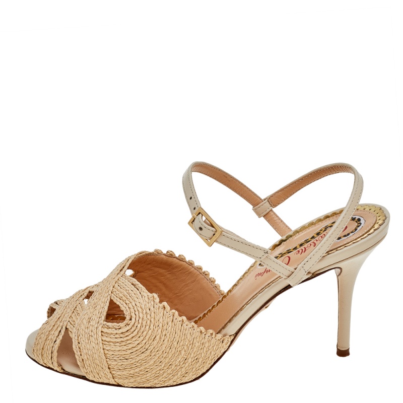 

Charlotte Olympia Beige Jute And Leather Slingback Sandals Size