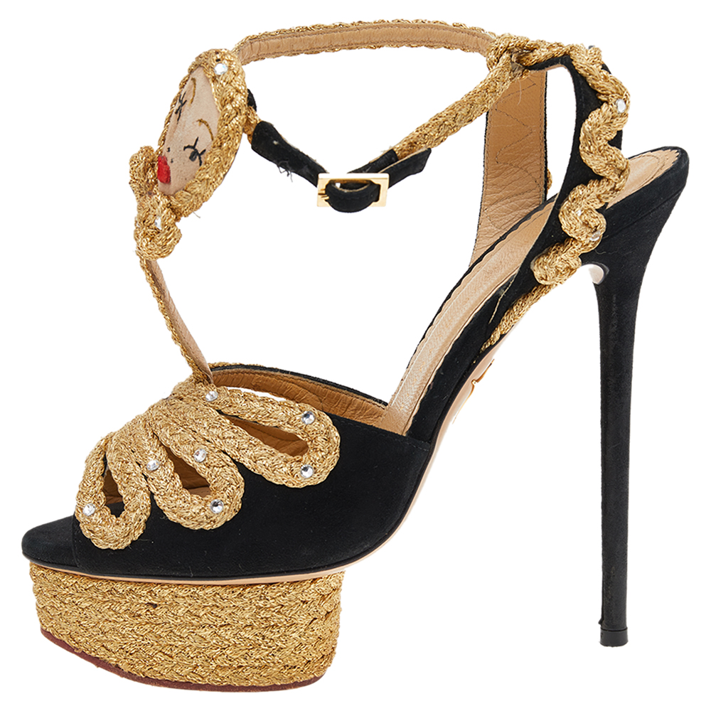 

Charlotte Olympia Gold/Black Suede Ankle Strap Sandals Size