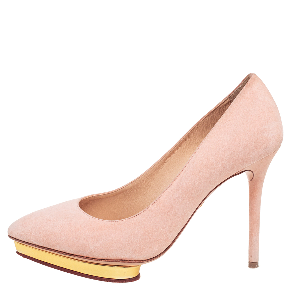 

Charlotte Olympia Pink Suede Dotty Platform Pumps Size