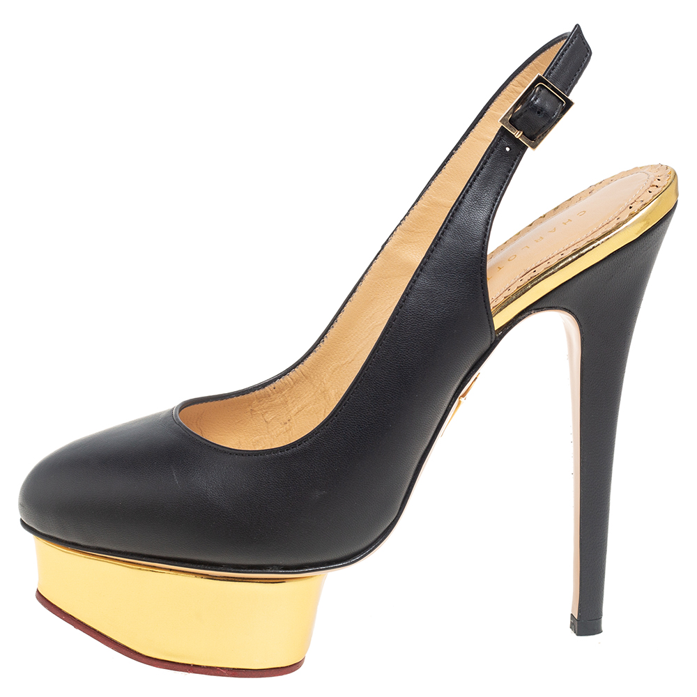 

Charlotte Olympia Black Leather Dolly Slingback Pumps Size