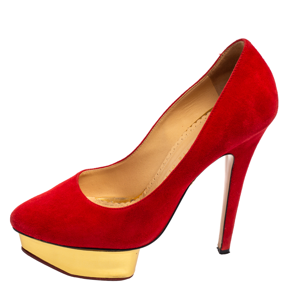 

Charlotte Olympia Red Suede Dolly Platform Pumps Size