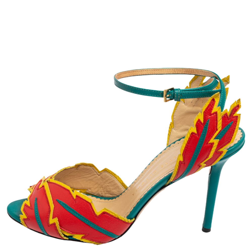 

Charlotte Olympia Tri-Color Leather Leaf Detail Peep-Toe Ankle-Strap Sandals Size, Pink