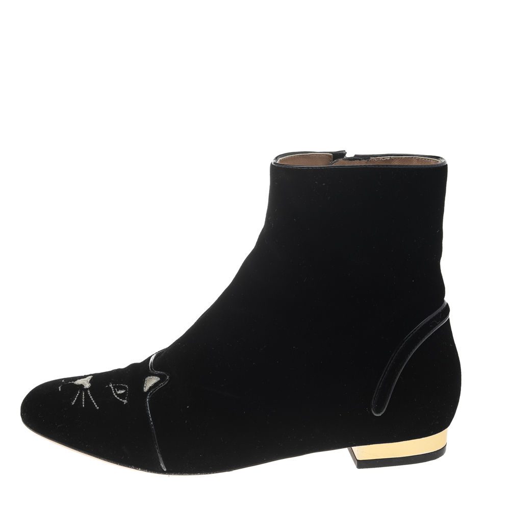 

Charlotte Olympia Black Velvet Cat Embroidered Ankle Boots Size