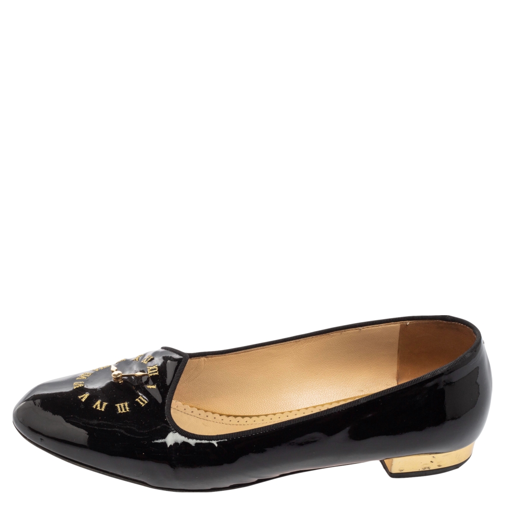 

Charlotte Olympia Black Patent Leather Fashionably Late Clock Face Smoking Slippers Size