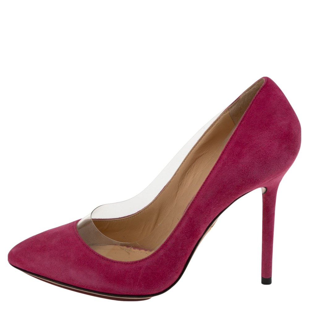 

Charlotte Olympia Pink Suede and PVC Trim Monroe Pointed Toe Pumps Size