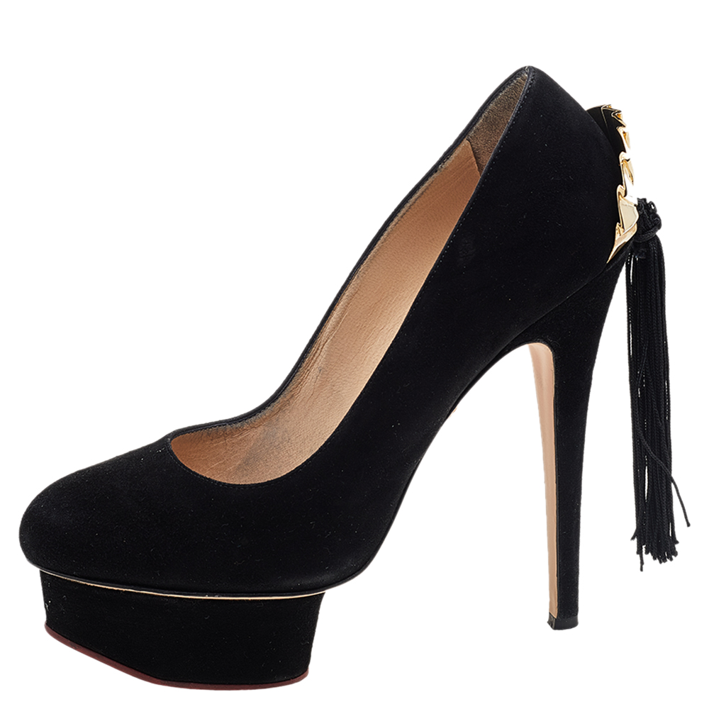 

Charlotte Olympia Black Suede Fantastic Dolly Tassel Pumps Size