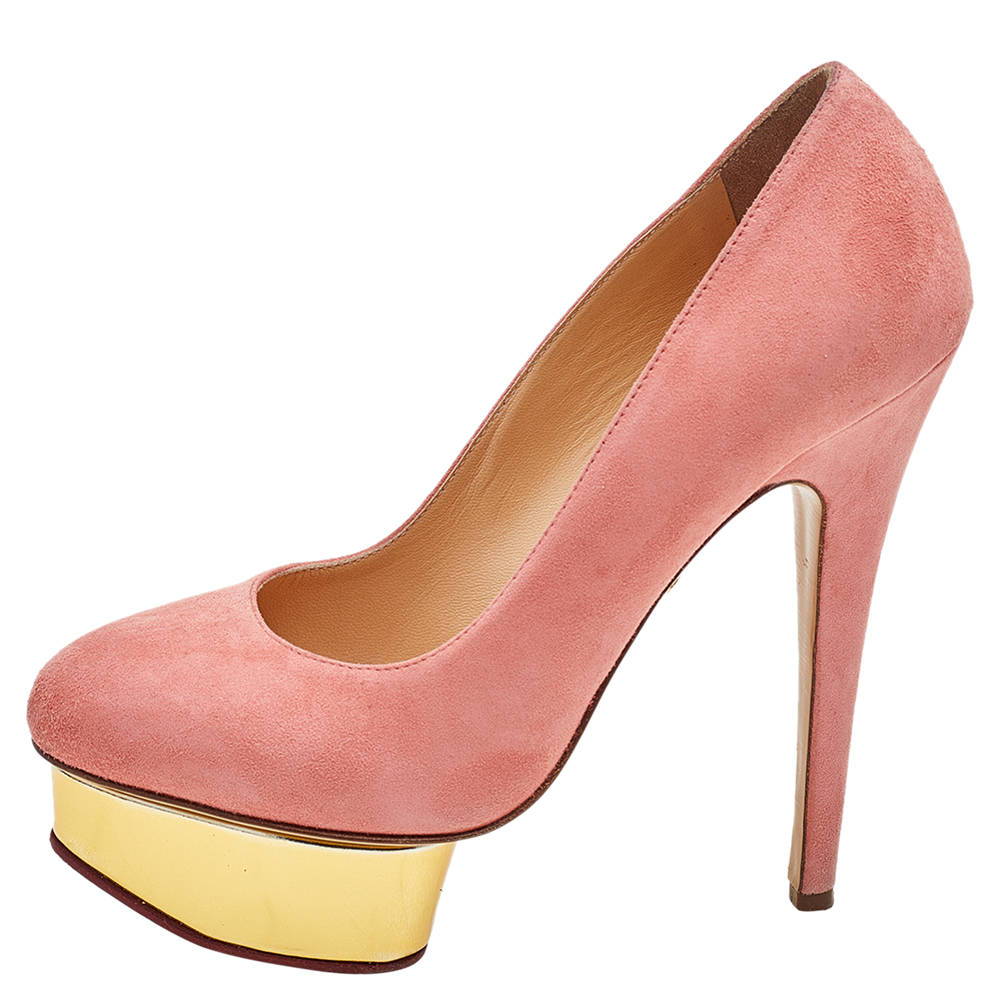 

Charlotte Olympia Pink Suede Dolly Platform Pumps Size