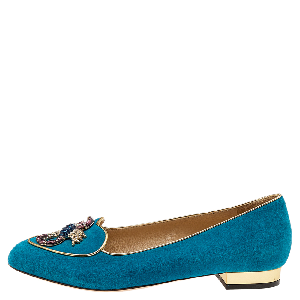 

Charlotte Olympia Blue Suede Embellished Slip on Loafers Size